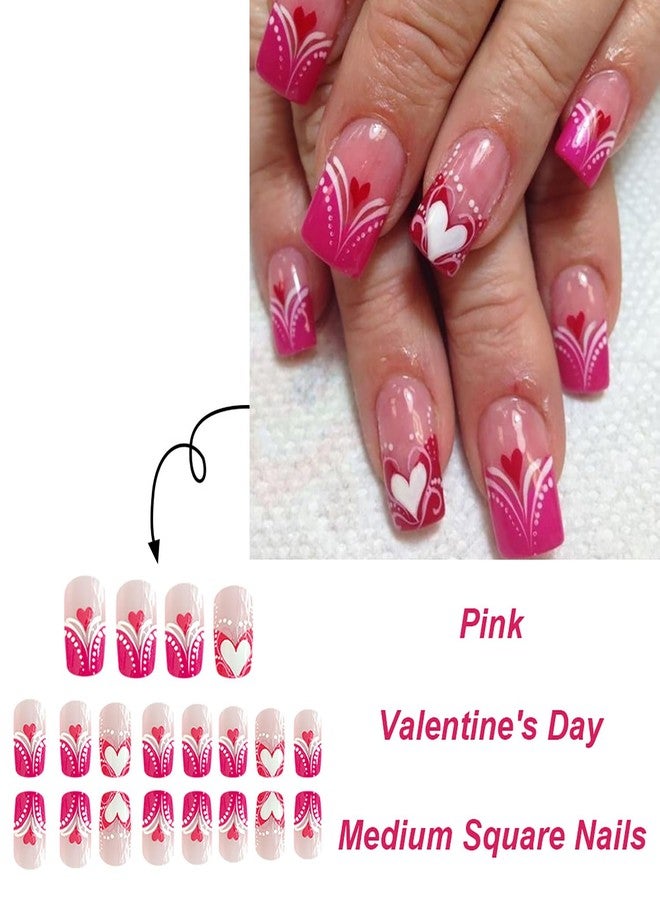 TBRZTR Valentine's Medium Square & Coffin Nails, 24Pcs Pink French Tip Heart Press On False Nails, Glossy Acrylic Material, Full Cover, DIY Stick On Nails - Image 2